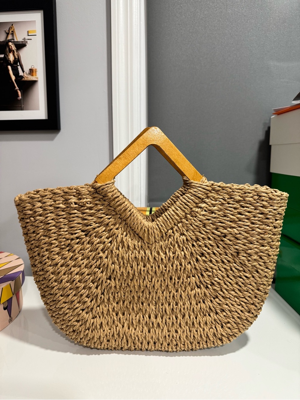 Woven Straw Tote with Wooden Triangle Handles - Natural Tan
